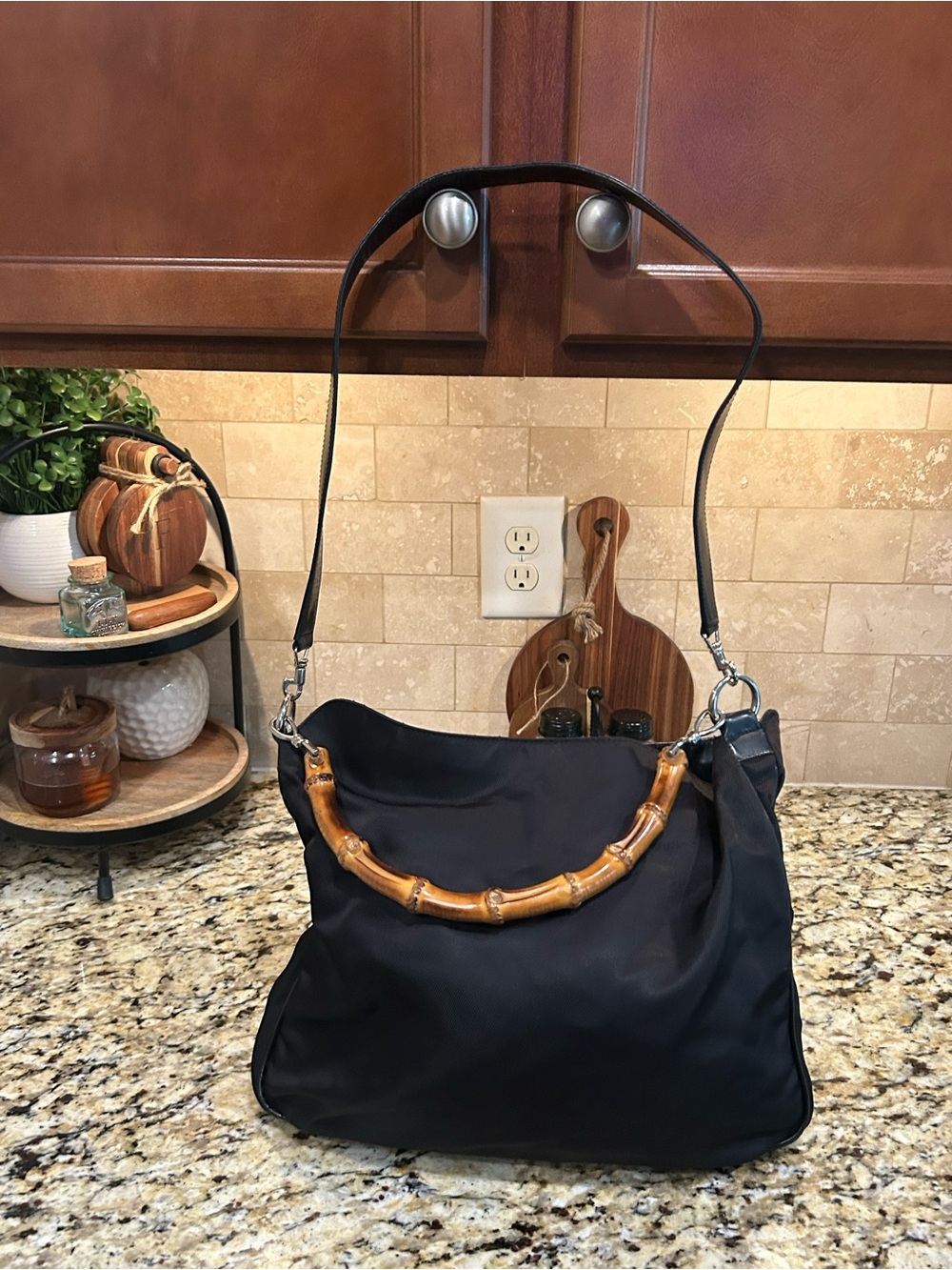 Gucci Two-Way Hobo Bag w/ Bamboo Handle  Black Nylon and Leather Trim coa - Picture 2 of 10